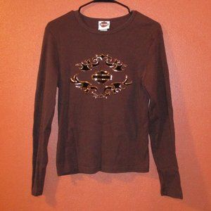 Harley Davidson Woman Large Red Gold Dealership Warm Long Sleeve Riding Shirt